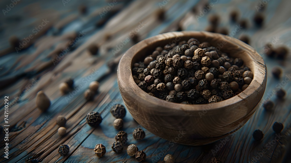 Aromatic black peppercorns in a rustic wooden bowl on a blue wooden surface. kitchen and cooking conceptual scene. ideal for food blogs and menus. AI - obrazy, fototapety, plakaty 