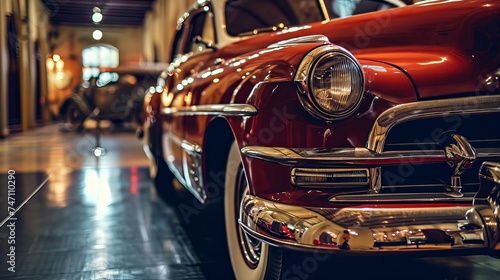 Vintage Red Rustic Car with Chrome Detailing Parked Indoors, Classic Automobile Collectible © Arslan