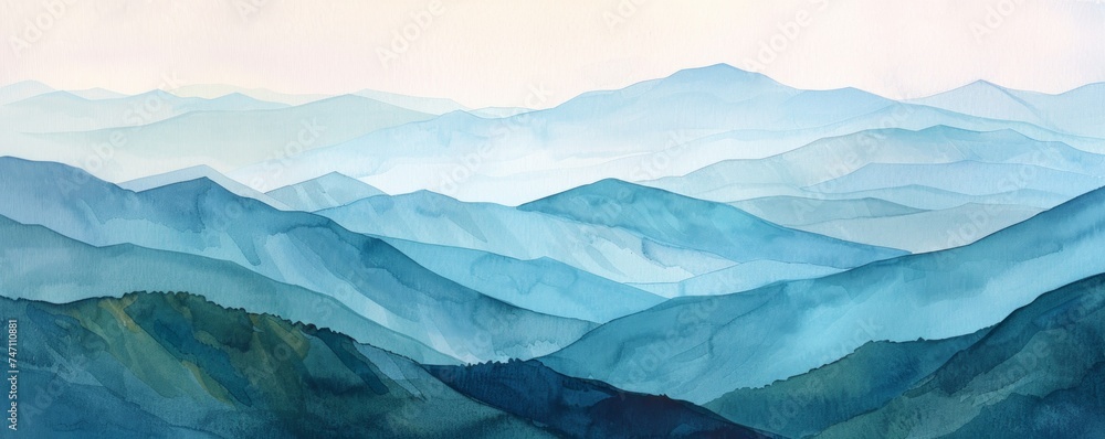 In a breathtaking watercolor illustration, the majestic mountain range is bathed in the soft light of dawn, showcasing the delicate dance between light and shadow across the rugged terrain. - obrazy, fototapety, plakaty 
