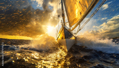 Bottom view of a modern sailing boat braving the waves of a wild stormy sea, in the background dramatic sky with storm clouds at sunrise or sunset. Generative Ai. © Alberto Masnovo