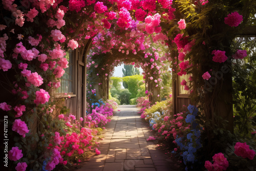 Garden Walkway Amidst Blooming Flowers - Floral Beauty