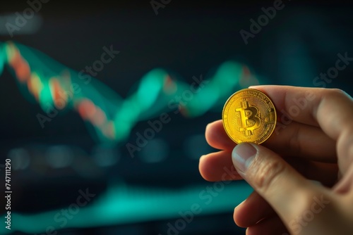 Close-up of a person's hand holding a golden Bitcoin, with blurred cryptocurrency trading data on a digital screen in the background.