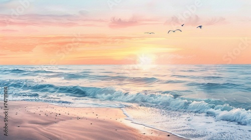 The calmness of a watercolor beach scene at sunset is depicted with gentle waves lapping at the shore and seagulls soaring overhead, creating a serene atmosphere of coastal bliss.