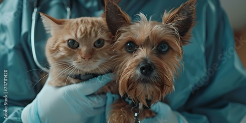 Cute cat and dog cuddling together, symbolizing friendship between species. perfect for pet-themed content. cozy and adorable image. AI