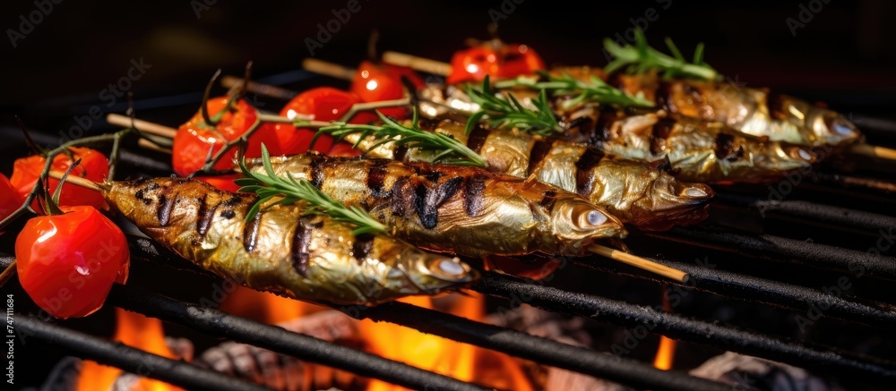 A close-up view of fresh fish and cherry tomatoes cooking on a smoky charcoal grill. The fish is being seasoned and cooked to perfection over the open flames, creating a delicious aroma. A close-up view of fresh fish and cherry tomatoes cooking on a smoky charcoal grill. The fish is being seasoned and cooked to perfection over the open flames, creating a delicious aroma.