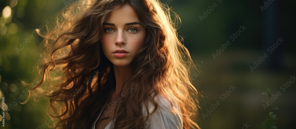 Fototapeta premium A beautiful young woman with long hair standing confidently in a field of grass, with the wind gently blowing through her hair.