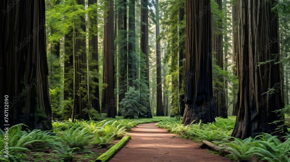 Majestic redwood forest  towering trees with moss covered trunks reaching skyward - obrazy, fototapety, plakaty 
