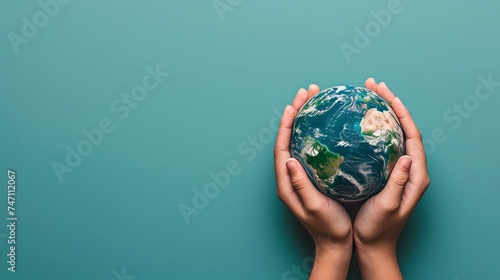 Caring hands cradle mini earth on blue background, symbolizing responsibility for our planet.