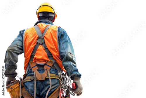 Rear View of Construction Worker with Safety Harness and Helmet on White Background