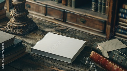 A blank book cover mockup placed on a rustic wooden table in a library