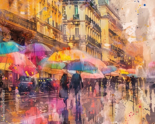 Vibrant watercolor splashes bring to life a bustling city street in the rain, where the movement of people and colorful umbrellas creates a sense of energy and vitality. © Pachara