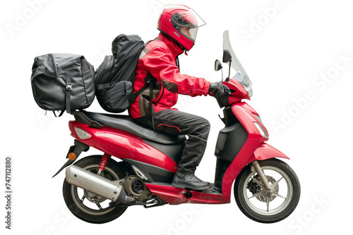 Delivery Person in Red Gear Riding a Scooter with Saddlebags  Isolated on White Background