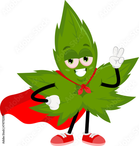Funny Marijuana Leaf Cartoon Character SuperHero Showing Victory Hand Sign. Vector Illustration Flat Design Isolated On Transparent Background