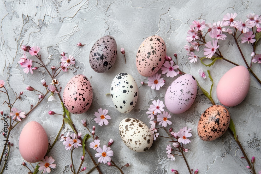easter eggs and flowers on grey background, a wreath of flowers and easter eggs nests and green leaves easter eggs and flowers on grey background, a wreath of flowers and easter eggs nests and green leaves