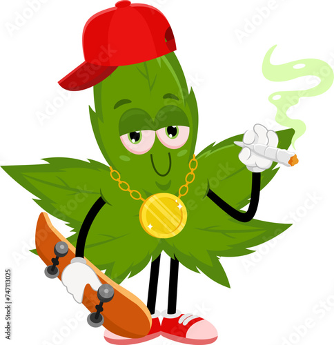 Gangsta Marijuana Leaf Cartoon Character Smoking A Joint. Vector Illustration Flat Design Isolated On Transparent Background