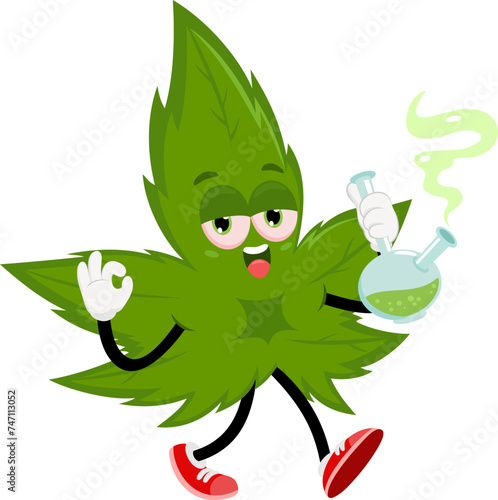 Funny Marijuana Leaf Cartoon Character Walking And Smoking A Bong. Vector Illustration Flat Design Isolated On Transparent Background