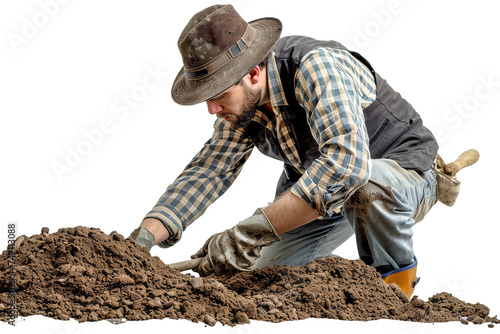 Determined Farmer Working the Soil, Preparing Land for Planting on a White Background