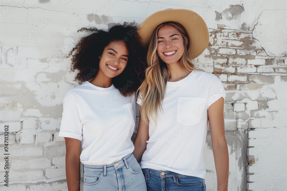 two friends in white t-shirts and jeans, one of them with a hat