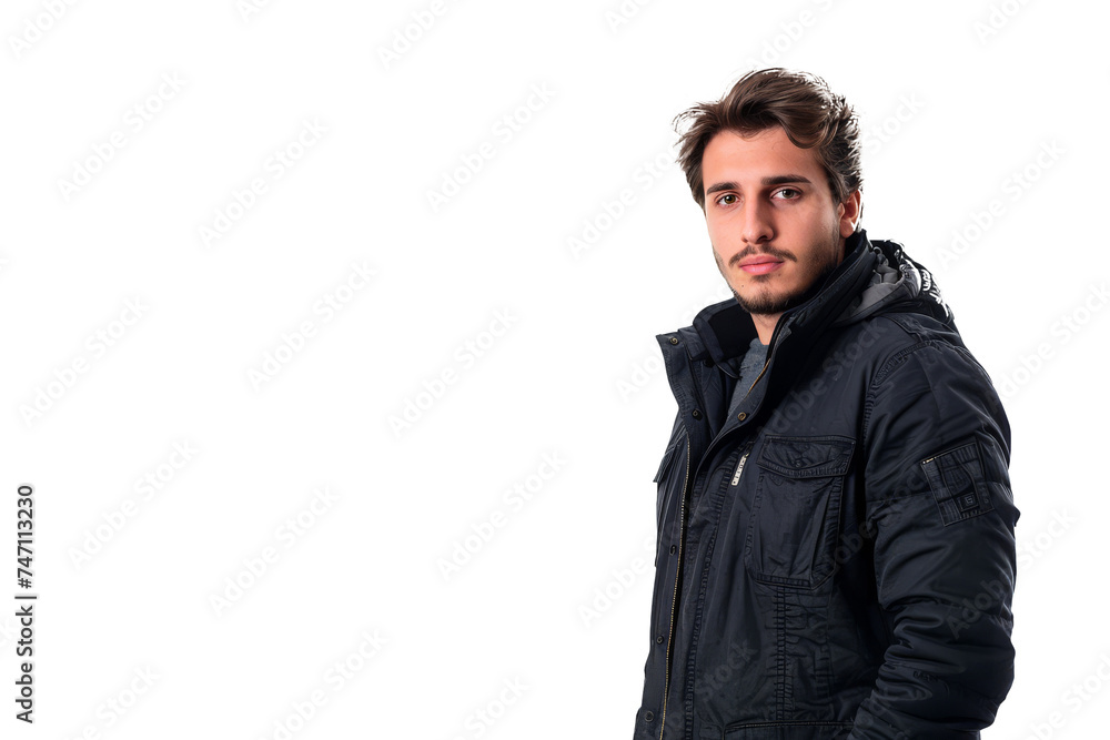 Casual Young Man in Winter Jacket Looking Over Shoulder on White Background Casual Young Man in Winter Jacket Looking Over Shoulder on White Background