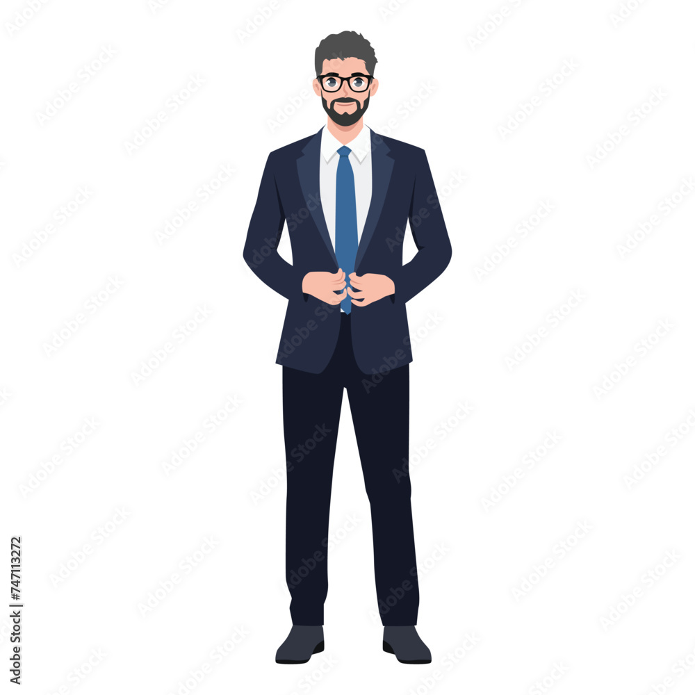 Young Businessman buttoning suit jacket with Tie looking at viewers.  Flat vector illustration isolated on white background