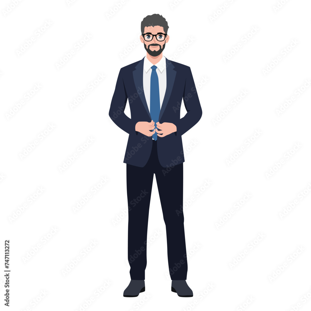 Young Businessman buttoning suit jacket with Tie looking at viewers. Flat vector illustration isolated on white background Young Businessman buttoning suit jacket with Tie looking at viewers. Flat vector illustration isolated on white background
