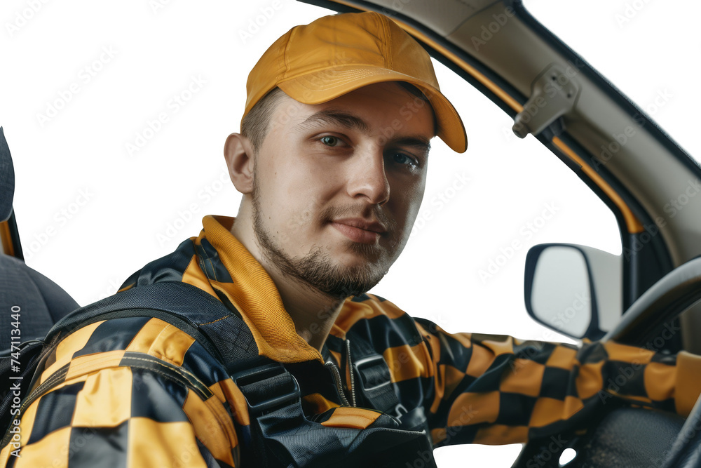 Focused Delivery Driver in Checkered Shirt and Cap Behind the Wheel Focused Delivery Driver in Checkered Shirt and Cap Behind the Wheel