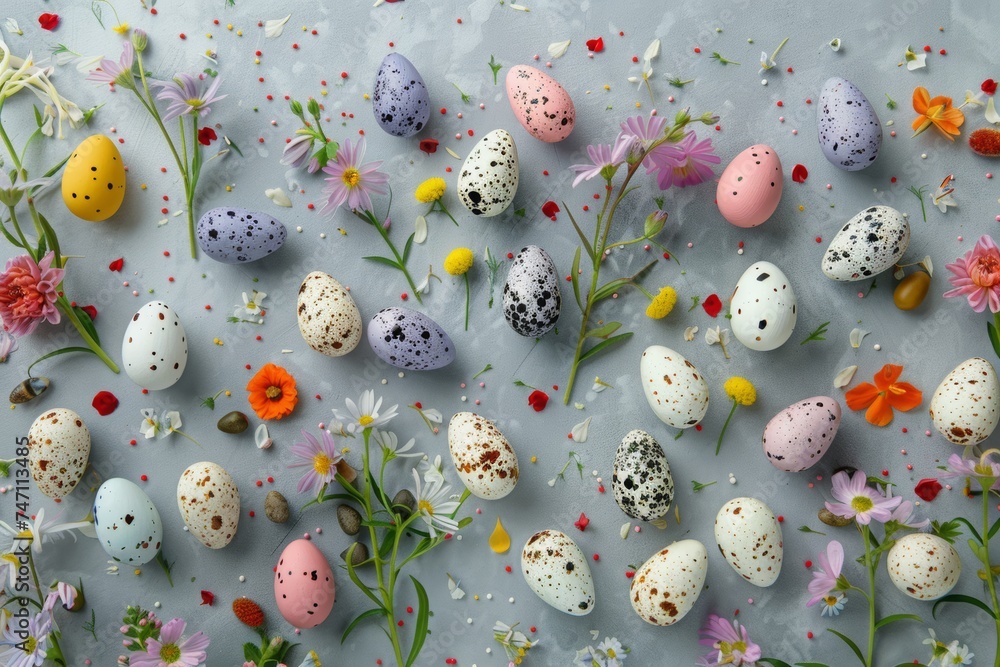 easter eggs and flowers on grey background, a wreath of flowers and easter eggs nests and green leaves easter eggs and flowers on grey background, a wreath of flowers and easter eggs nests and green leaves