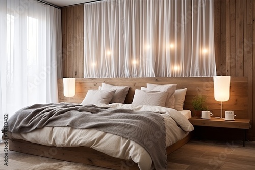 Sheer Curtain Bedroom Ideas: Wooden Headboard Design with Curtain Background
