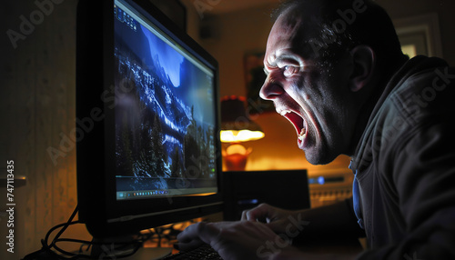 A stressed-out man shouting at his computer screen - representing the frustration and anxiety linked to technology-related issues.