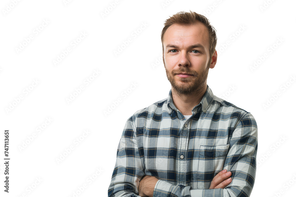 Casual Confident Man in Plaid Shirt with Arms Crossed Casual Confident Man in Plaid Shirt with Arms Crossed