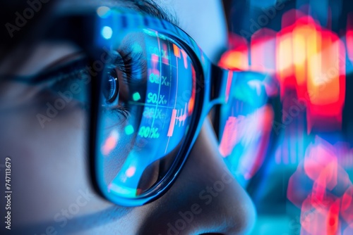 Closeup of an eye with glasses reflecting stock market charts focused analysis of financial data