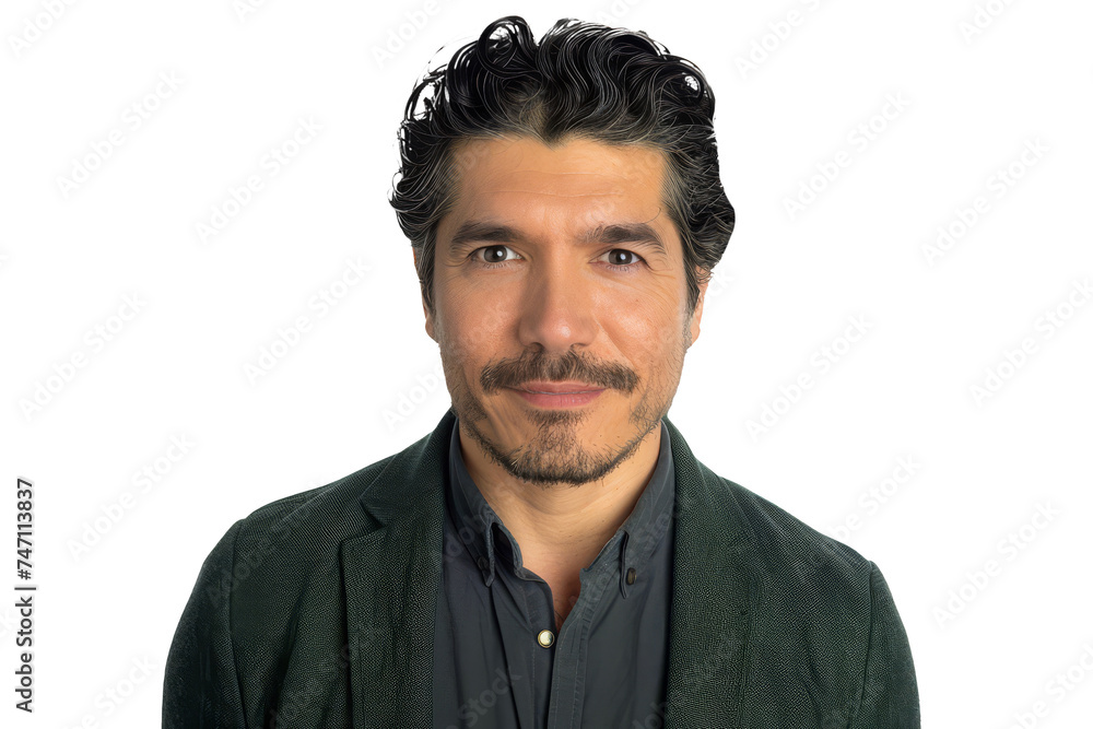 Fototapeta premium Confident Mature Man with Mustache and Casual Jacket on White Background