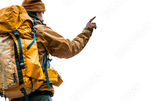 Explorer in Yellow Jacket with Backpack Pointing Forward Isolated on a White Background