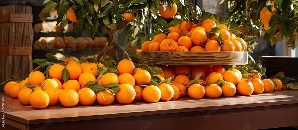A bunch of fresh oranges neatly arranged on top of a wooden table, creating a vibrant and colorful display. The oranges are ripe and ready for consumption, showcasing their juicy goodness.