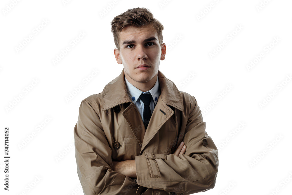 Confident Young Detective in Trench Coat on White Background Confident Young Detective in Trench Coat on White Background
