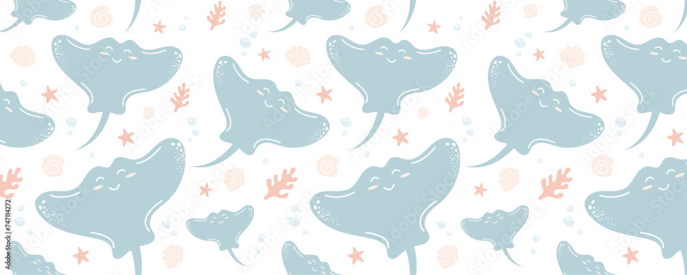 Seamless pattern with sea animals. Children's illustration on a white background. Cartoon funny stingrays in pastel colors.
