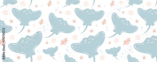 Seamless pattern with sea animals. Children's illustration on a white background. Cartoon funny stingrays in pastel colors.