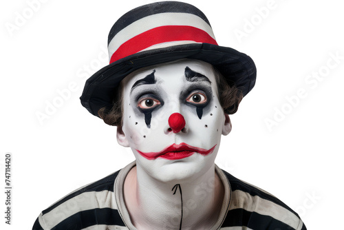 Sad Mime Artist with Painted Face and Striped Hat on White Background
