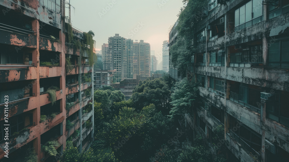 Desolate cityscape with overgrown buildings, remnants of technology peeking through