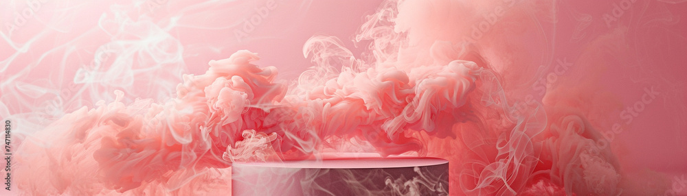 A modern interpretation of a podium in a soft pink hue, enveloped in ethereal smoke against a minimalist backdrop background A modern interpretation of a podium in a soft pink hue, enveloped in ethereal smoke against a minimalist backdrop background