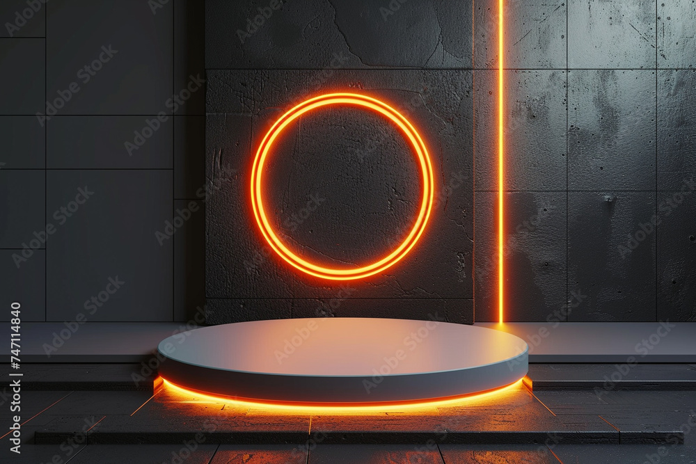 A unique and visually striking composition featuring a podium, neon circle, and futuristic backdrop created by a talented AI artist A unique and visually striking composition featuring a podium, neon circle, and futuristic backdrop created by a talented AI artist