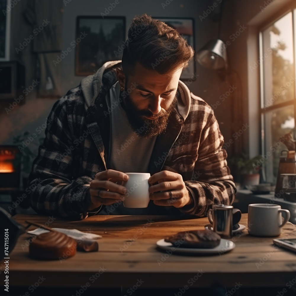 Brutal young man in dark glasses drinking aromatic coffee. Brutal young man in dark glasses drinking aromatic coffee.