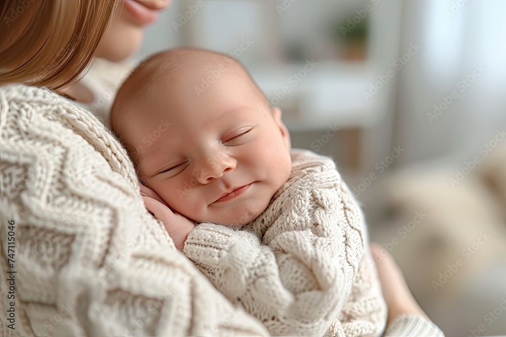 newborn baby sleeping in the arms of a happy mother newborn baby sleeping in the arms of a happy mother