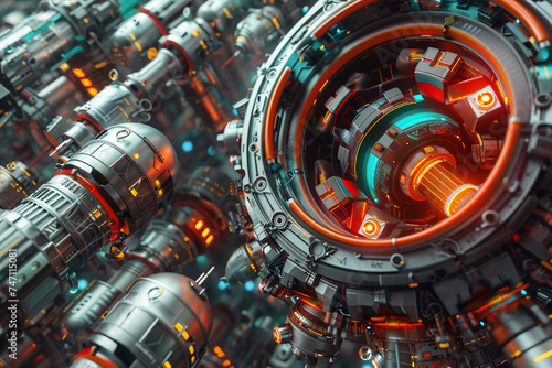 Develop an immersive digital artwork showcasing an engineer's vision of a mechanical utopia, incorporating intricate machinery and industrial design elements