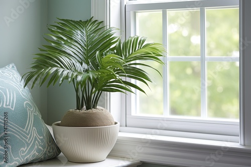 Tropical Palm Plant Home Office Decor: Cushioned Seat Next to Potted Palm