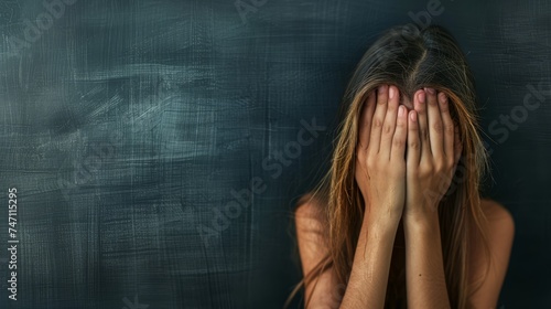 Woman in distress, hiding face, space for textconcept of emotional distress and depression in women. photo