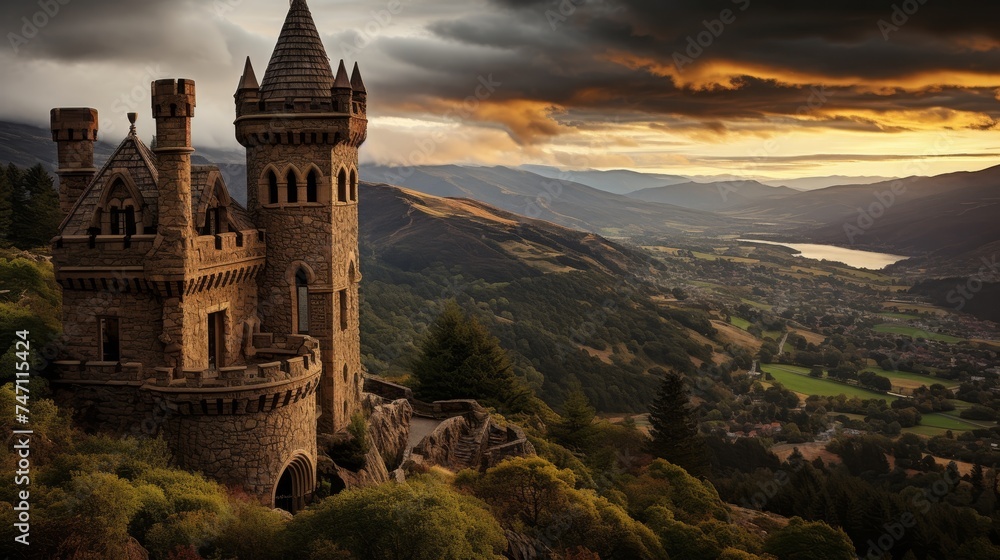 Fairy tale castle on lush hilltop with towers reaching to the sky and fluffy clouds in background - obrazy, fototapety, plakaty 