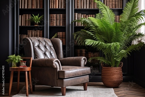 Tropical Plant Home Office Decors: Leather Armchair Beside Tall Fern Elegance