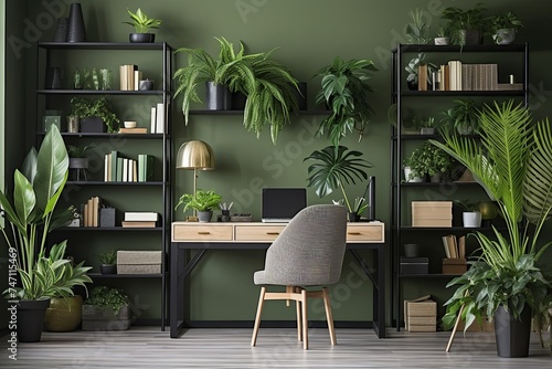 Tropical Plant Lush Vibes: Minimalist Desk Backdrop for Home Office Decors