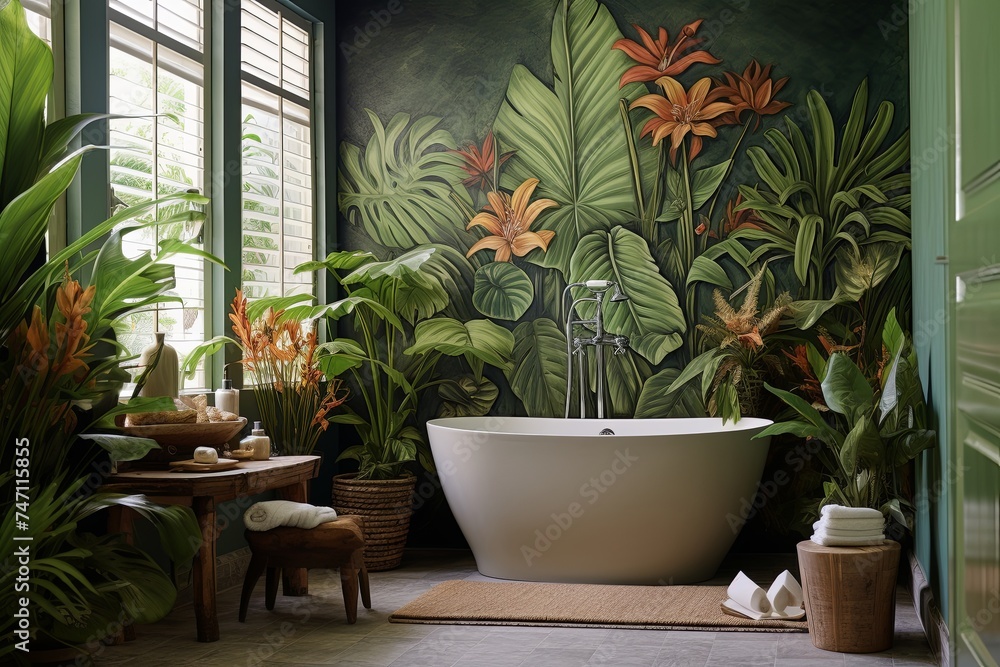 Tropical Plants Paradise: Bathroom Inspiration with Wall Texture Design